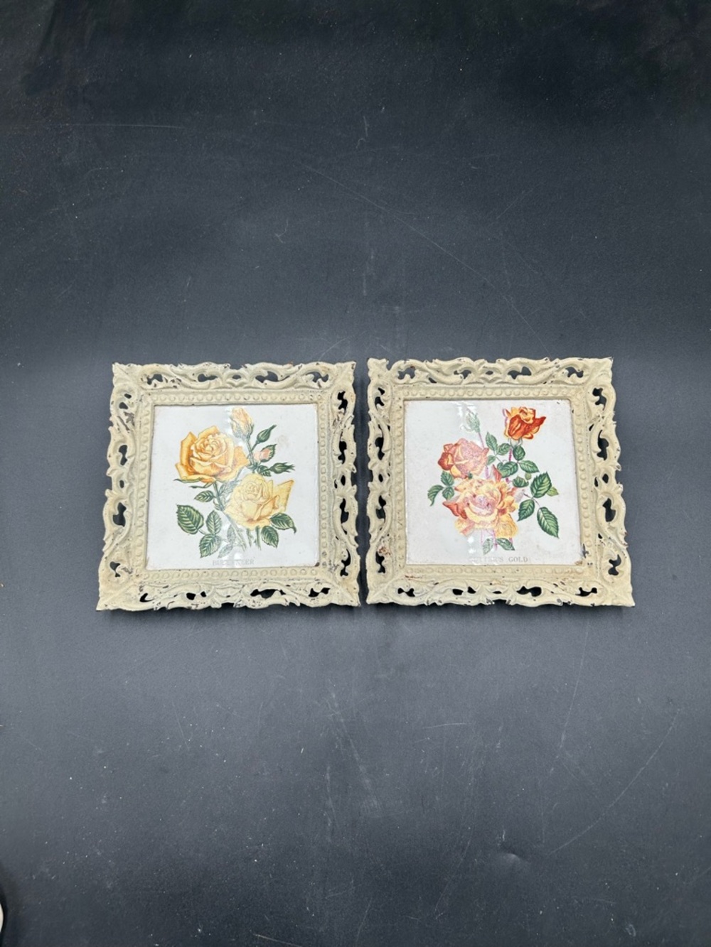 Vintage Floral Tile Wall Plaques in cast iron frames Roses, garden